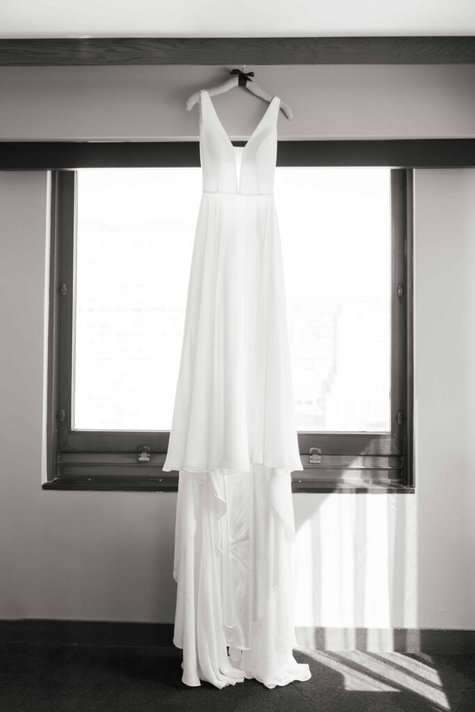 Gorgeous Fall wedding at the Intercontinental Hotel in Saint Paul, Minnesota. This is a portrait of the bride 's dress. 