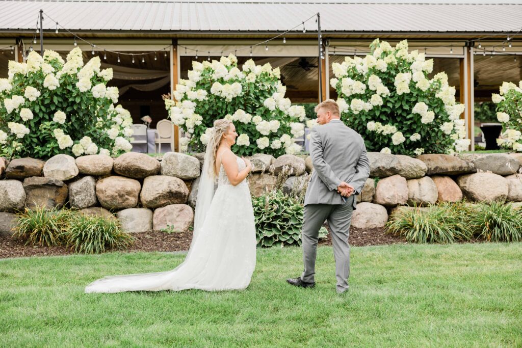 Bride and groom's first look at a wedding in Ridgetop Prescott Wisconsin