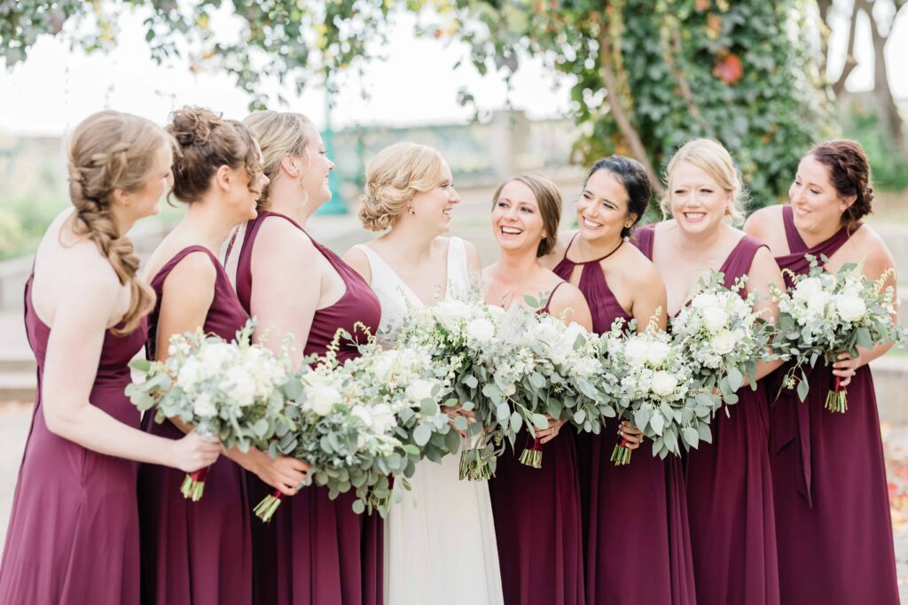 Gorgeous Fall wedding at the Intercontinental Hotel in Saint Paul, Minnesota. This is a portrait of the bride and her bridesmaids. 