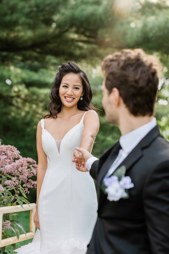 Bride smiling at Intimate Wedding at Noerenberg Gardens - Wayzata Minnesota 