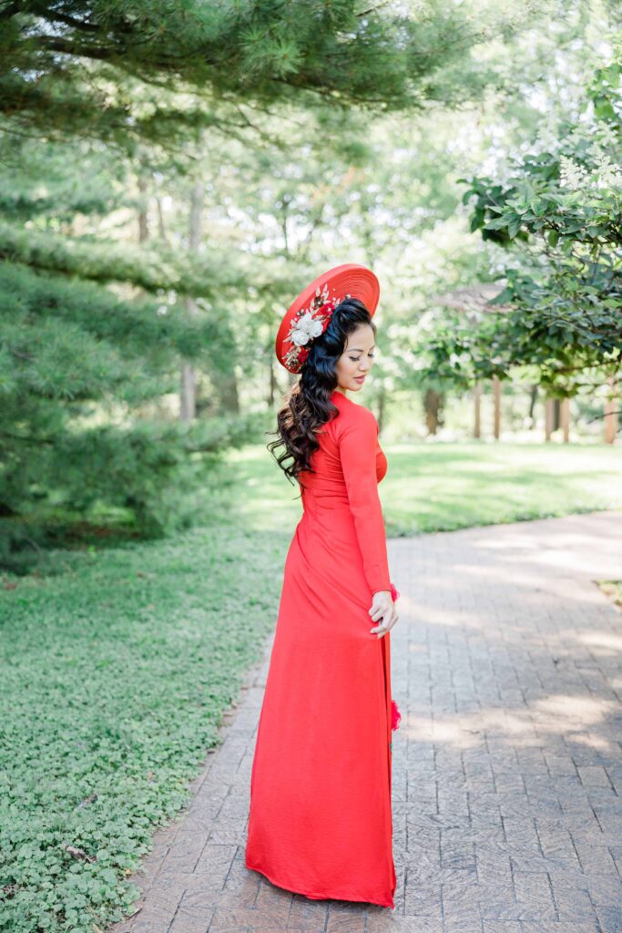 Portrait of a bride in red Vietnamese gown 